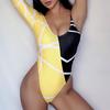 Sexy Women Single Sleeve One-piece Swimsuit Yellow Black Patchwork Bikin Irregular Oen Piece