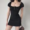 Women's Black Retro Lace Puff Sleeve Dress - Square Collar, Short Skirt