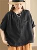 Johnature Women Vintage Shirts Tops Summer O-Neck Short Sleeve Blouses Solid Color Button Female Shirts