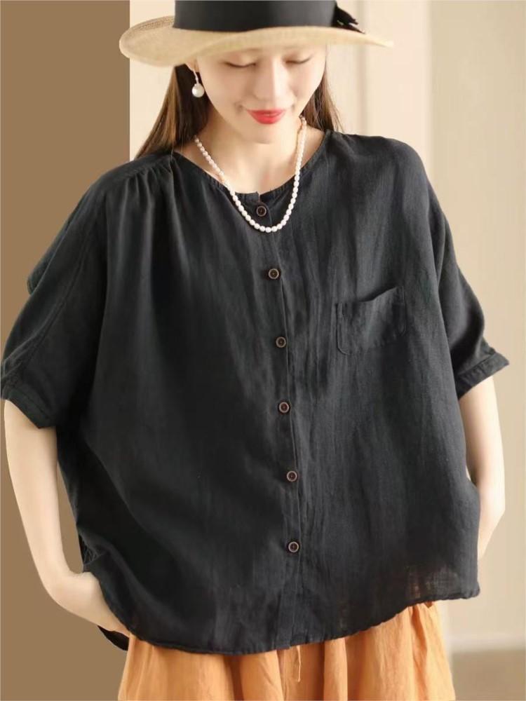 Johnature Women Vintage Shirts Tops Summer O-Neck Short Sleeve Blouses Solid Color Button Female Shirts