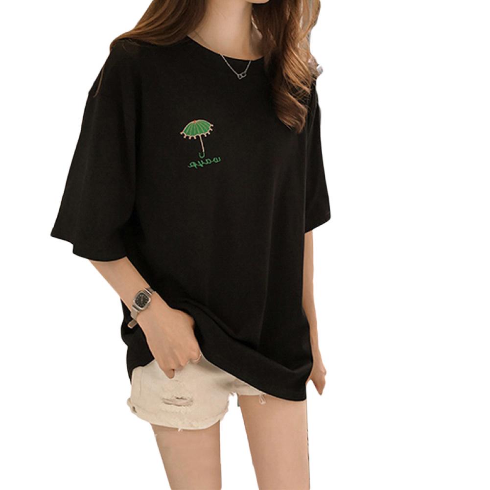 

Модный аксессуар, женская футболка с зонтиком и вышивкой, с коротким рукавом и круглым вырезом, негабаритная футболка, длинная блузка L чёрный