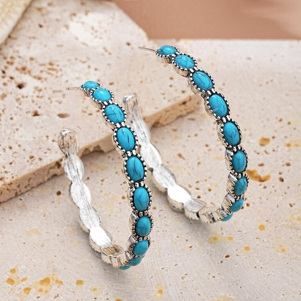 Bohemia Turquoises Earrings Silver Color Round Hoop Earrings for Women Vintage Female Party Earring Fashion Jewelry Accessories