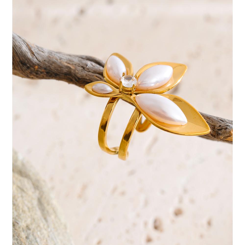 Yhpup Stainless Steel Simulated Pearls Open Flower Ring Trendy 18K Golden PVD Plated Young Modern Finger Jewelry Accessories