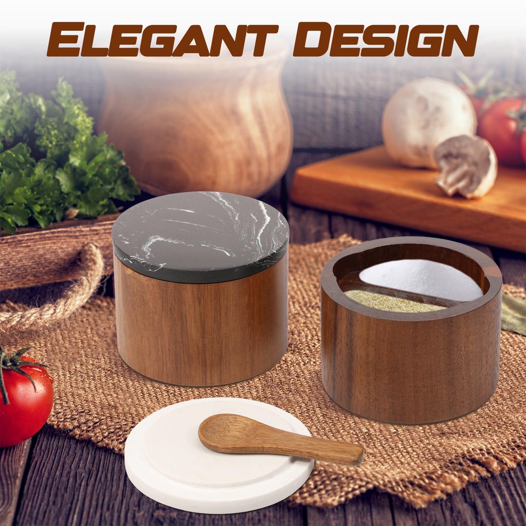 2 Pcs Salt Cellar Box with Lid and Spoon Wood and Stone Salt or Pepper Sugar Spice Seasoning Bowl Container Jar Holder Well Keep