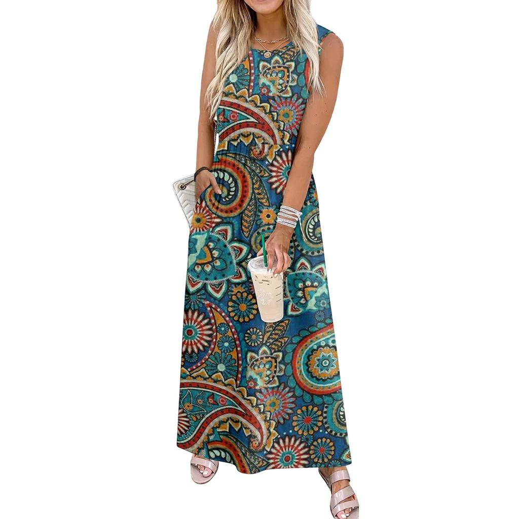 Ladies' Floral Print Casual And Fashionable Waist Cinched Sleeveless Dress