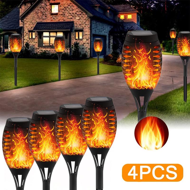 

4 упаковки солнечных огней факел мерцающий свет водонепроницаемый садовый декор открытый газон дорожка двор патио напольные лампы декор теплый белый