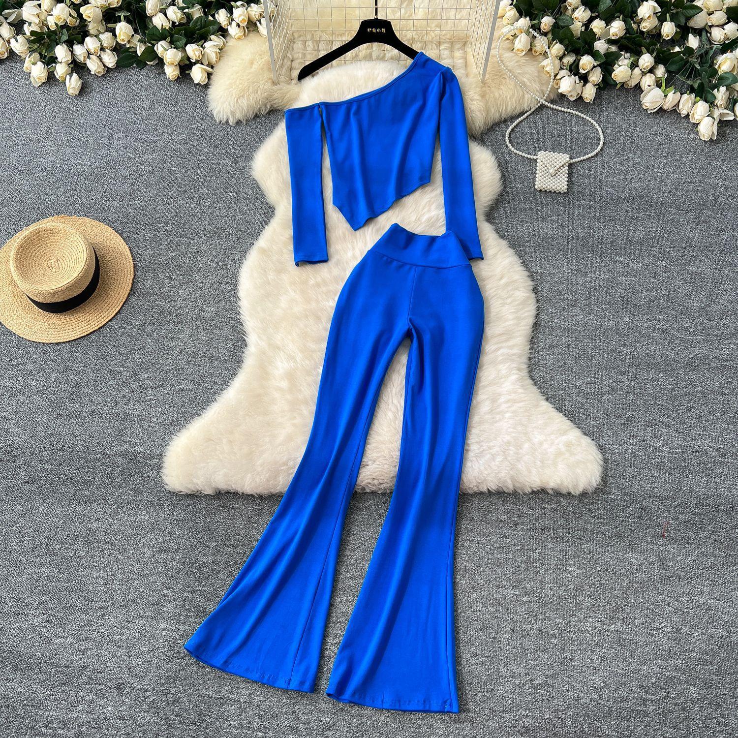 

Сексуальная косая горловина без бретелек длинный рукав асимметричная футболка топ женский высокая талия тонкий пакет бедра микро брюки костюм One size