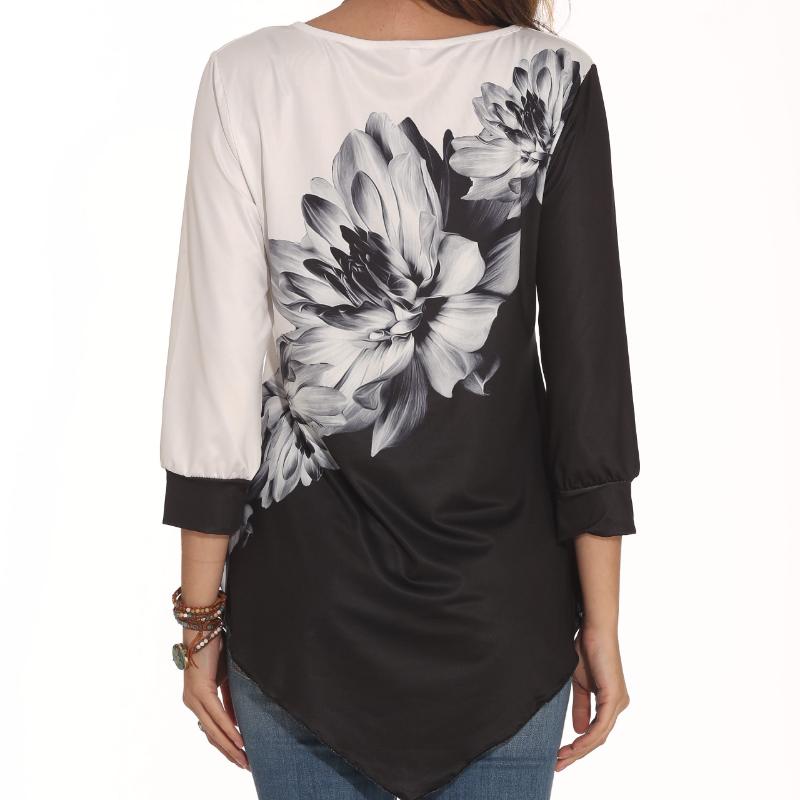 QICED Autumn Printed Casual O-Neck Loose Fit Irregular Hem Women's Shirt