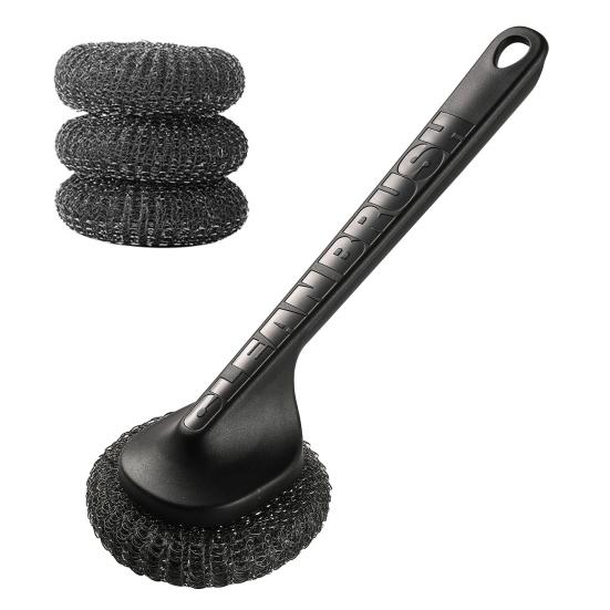 Pot Brush with Steel Ball Head Anti-Slip Grip Hanging Hole Long Handle Dishes Scrubber Kitchen Cleaning Tool