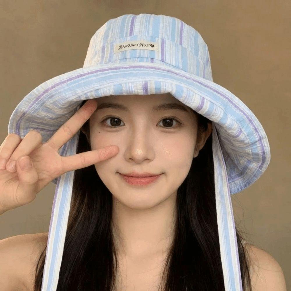 Contrasting Color Korean Striped Bucket Hat Lightweight Wide Brim Fisherman Hat Vacation