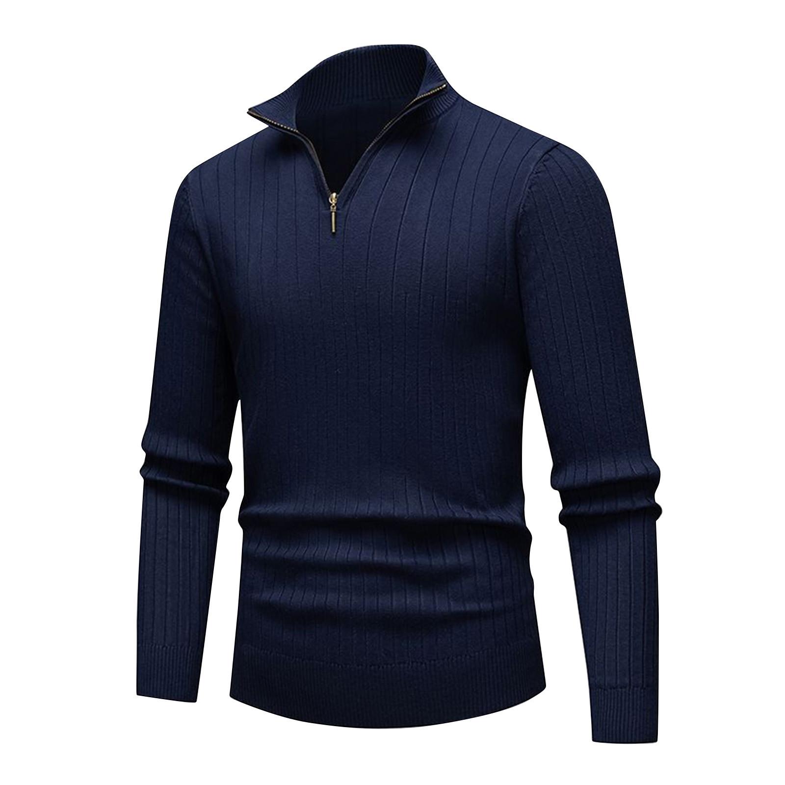 

Мужской однотонный вязаный топ на молнии со стойкой и длинными рукавами, мужской повседневный модный топ с длинными рукавами XXXL тёмно-синий