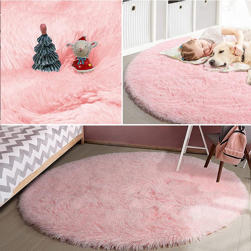 Pink Round Carpet Fluffy Soft Area Floor Mat Children Girls Room Princess Castle Plush Carpet Living Room Home Decor