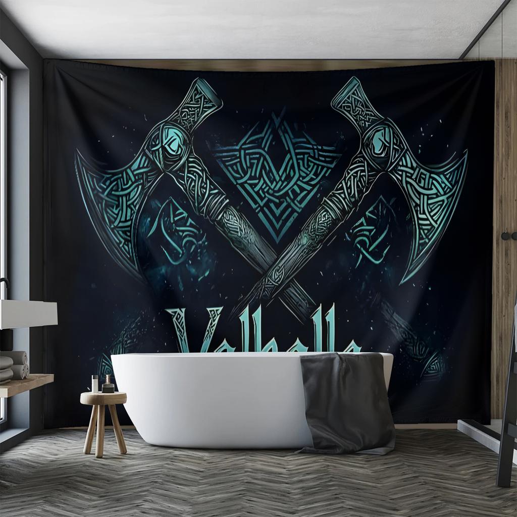 1 Stück, Nordische Walhalla Wandteppich. Keltisches Knoten- und Sternen-Traum-Wandbehang, Axt-Design, Helle Blau- und Gold-Keltische Muster
