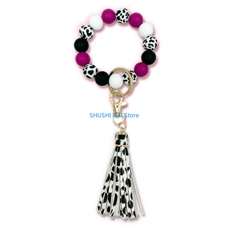 for Key Ring Bracelet Car Keychain Holder for Women Silicone Beaded Bangle Wrist D57B