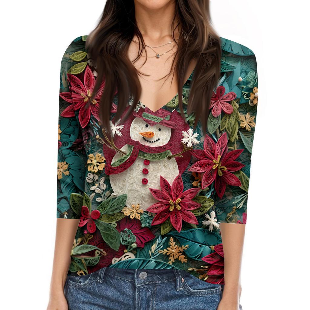 Women's Tops Three-quarter Sleeve Shirt V-neck Loose Casual Shirt Print T-shirt