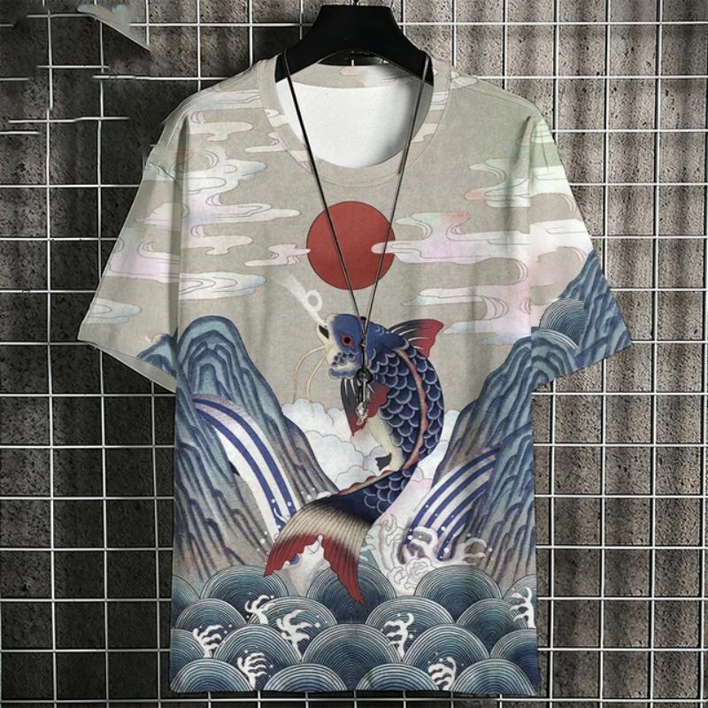 Ukiyo-E T-Shirt For Men Japanese Koi Carp Pattern Tshirts Casual Unisex Top Breathable Comfortable Summer New Oversized Clothing