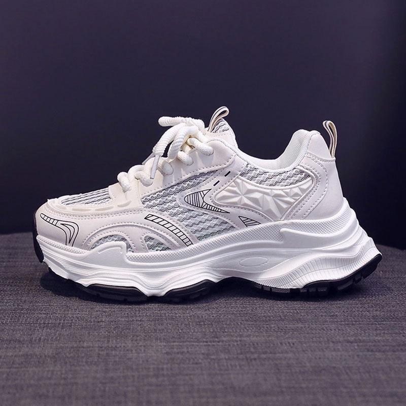 Fried Street Platform Dad Shoes Women's Height Increase Versatile Casual Shoes New Spring and Autumn Breathable Silver Sneakers