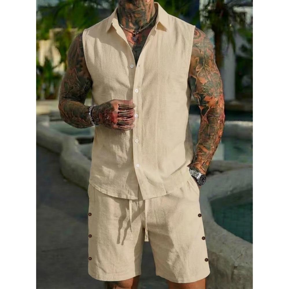 

Summer Sleeveless Collarless Vest Shirt Set for Men - Solid Color, Fashionable and Casual Beach Outfit 2XL хакі
