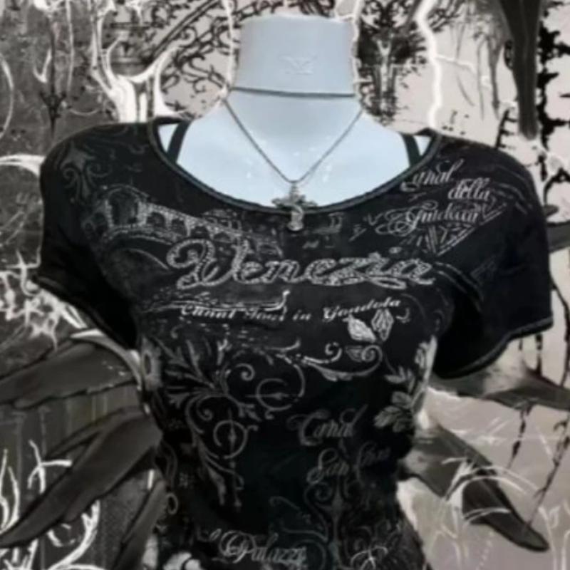 Camiseta de Manga Corta American Vintage Y2K Punk Rock con Pedrería de Cristal para Mujer Años 2000 Slim Sexy Casual Moda Ropa de Verano Ins
