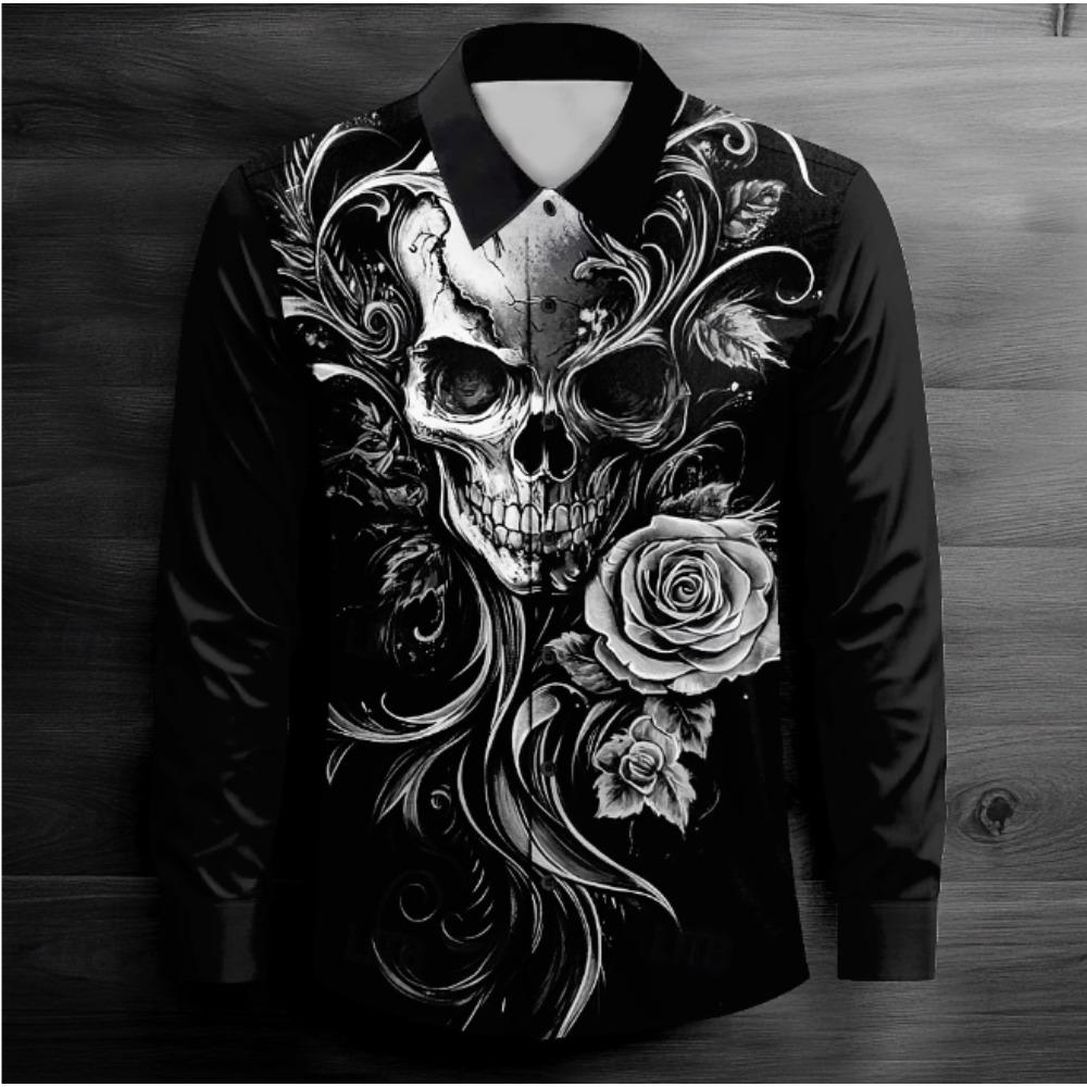 Men's Halloween Skeleton Printed Long Sleeve Shirts Casual Cardigan New Button Holiday Fashion Shirts