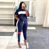 S191181 European and American Women's Clothing Summer Splicing Striped Casual Sports Short-sleeved Trousers Hot-selling Set