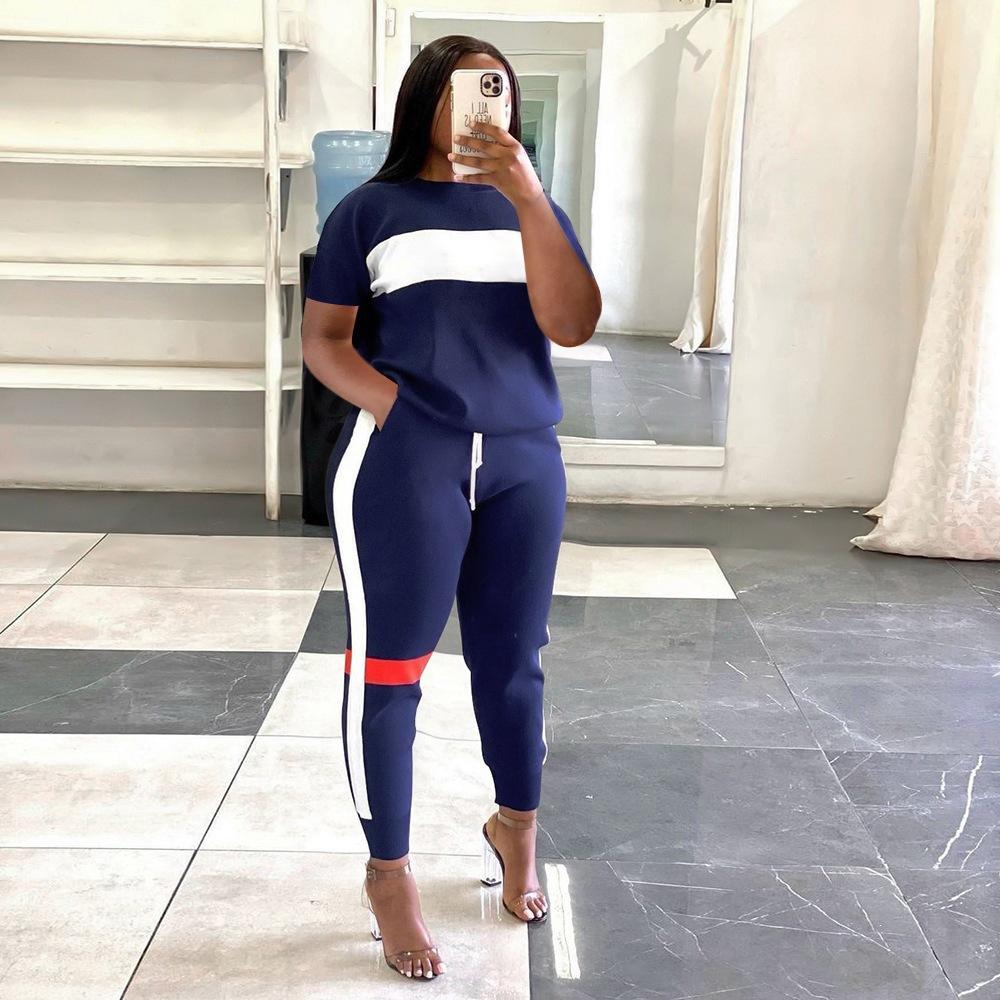 S191181 European and American Women's Clothing Summer Splicing Striped Casual Sports Short-sleeved Trousers Hot-selling Set