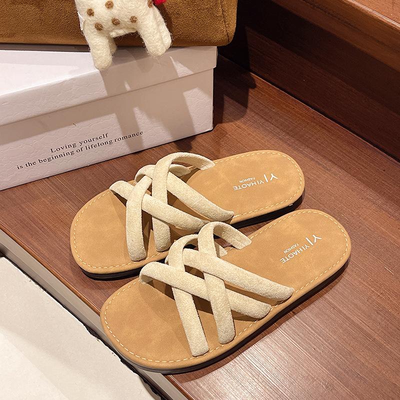 Roman one-word flat slippers women's wear non-slip versatile cool slippers beach summer spot style fashion