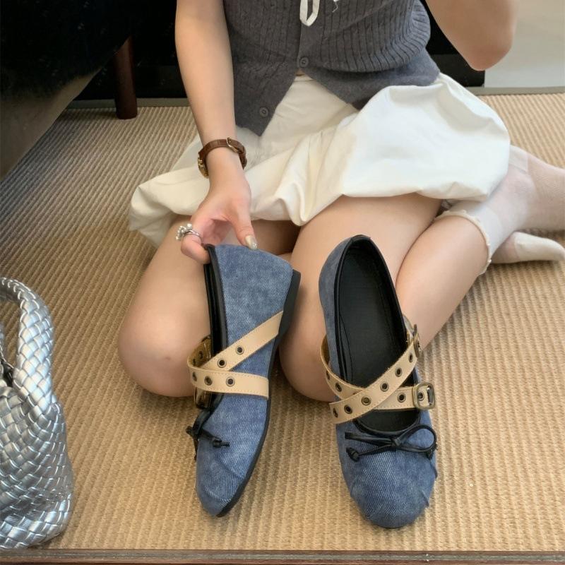 Inner Height Increasing 3CM Cross Belt Buckle Ballet Shoes Women's Flat 2025 Mary Jane Shoes Bow Single Shoes Women's