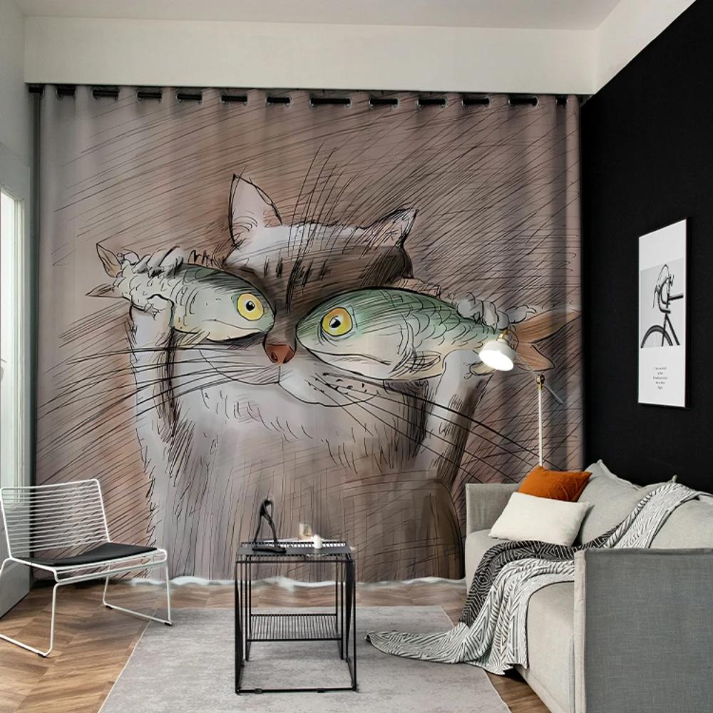 Cartoon Adorable Cat Print Pattern High Shading Drape Children's Bedroom Space Window Opening Drape Hook Top Ring New A Variety of Styles 2 Panels4