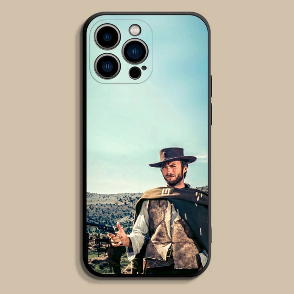 Kovbojský kryt na telefon Clint Eastwood Pro iPhone 17,16,15,14,13,12,Pro,Max,Plus,E,SE4,Air,Mini Černý měkký kryt