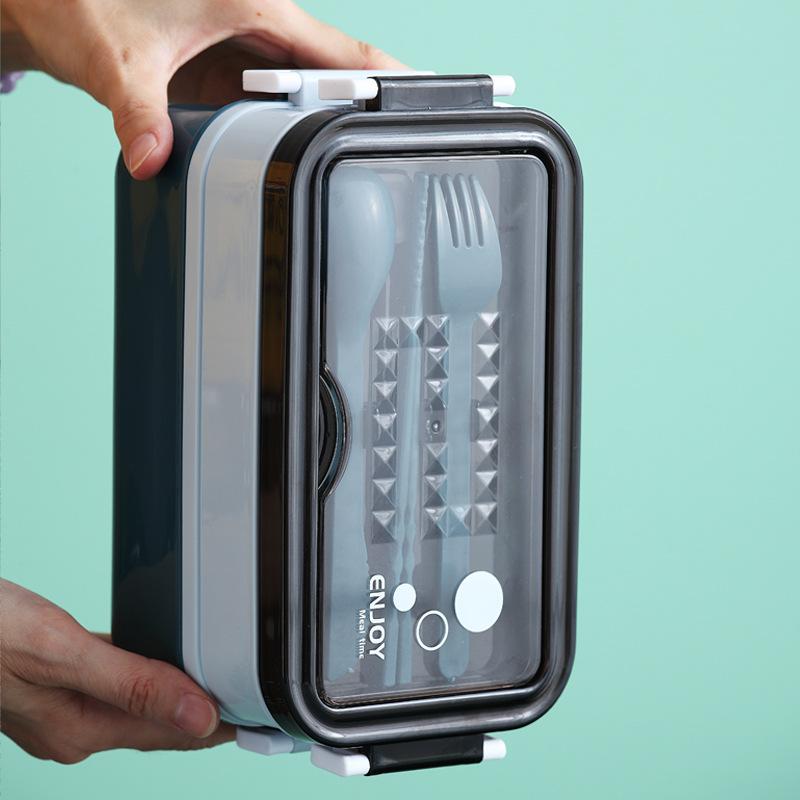 Portable Large-capacity Double-layer Lunch Box with Tableware Plastic Portable Compartment Food Box Microwave Lunch Box