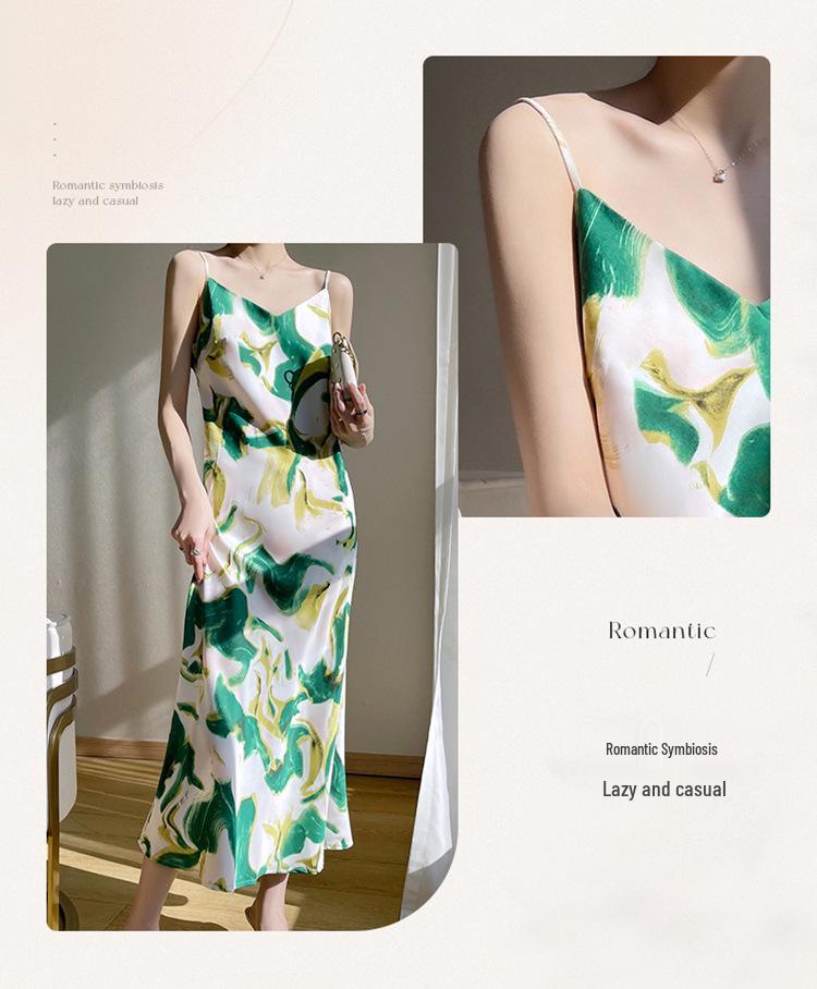 New Women's French Floral Mulberry Silk Satin V-Neck A-Line Camisole Dress - Slimming Summer Style