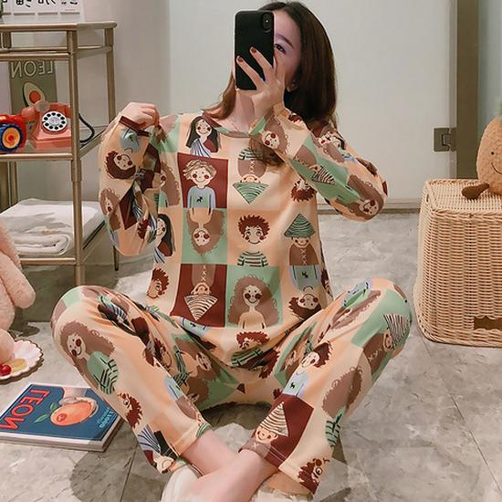 Set Pijama Dama Desen Animat - Cămașă cu Mânecă Lungă și Pantaloni, Haine de Casă pentru Studente Mignone pentru Primăvară și Toamnă