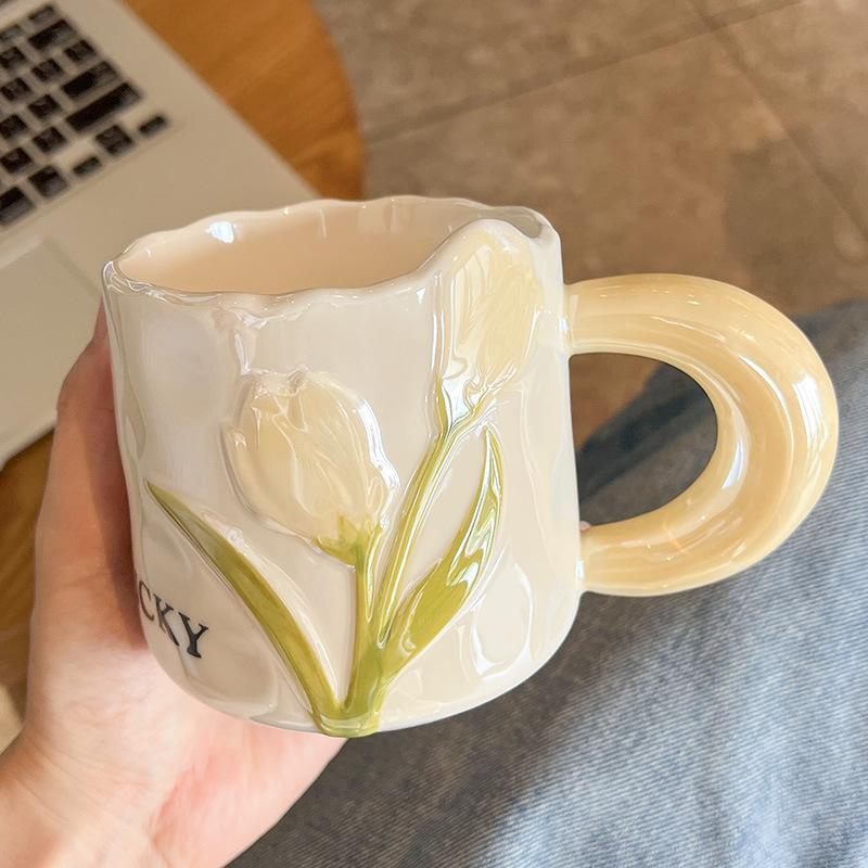 High Value and Light Luxury Tulip Ceramic Cup Creative Flower Girls’ Home Drinking Water Cup Spoon