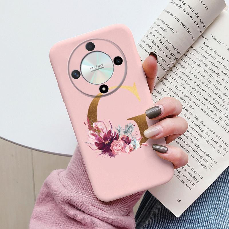 Buchstaben-Handyhülle für Honor X9b X9a Magic5 Lite Magic6 Lite 5G Hülle Retro-Blumen Rosa Schwarz Weiches TPU Initialen Silikon Fundas
