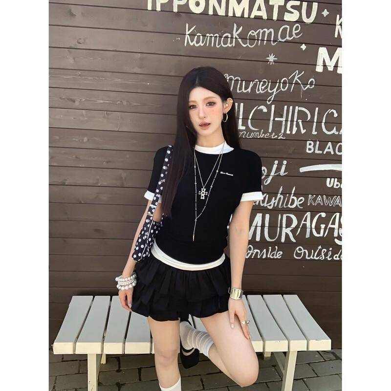 Zose Women s Slim Fit Patchwork Faux Two-Piece Short Sleeve T-Shirt One Size