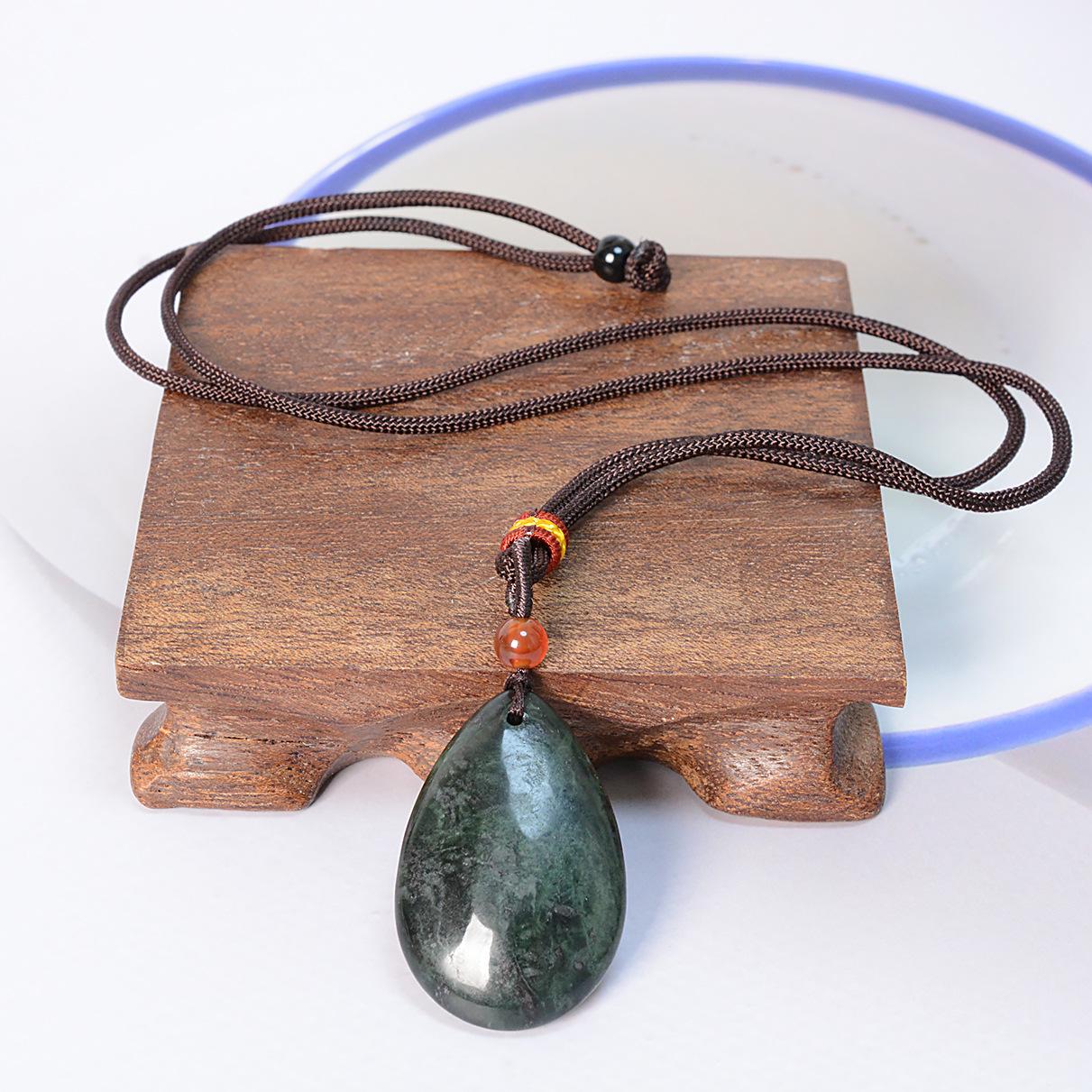 Tibetan Jade Snake Pattern Water Drop Pendant in Olive Green & Black Jade Peace Buckle