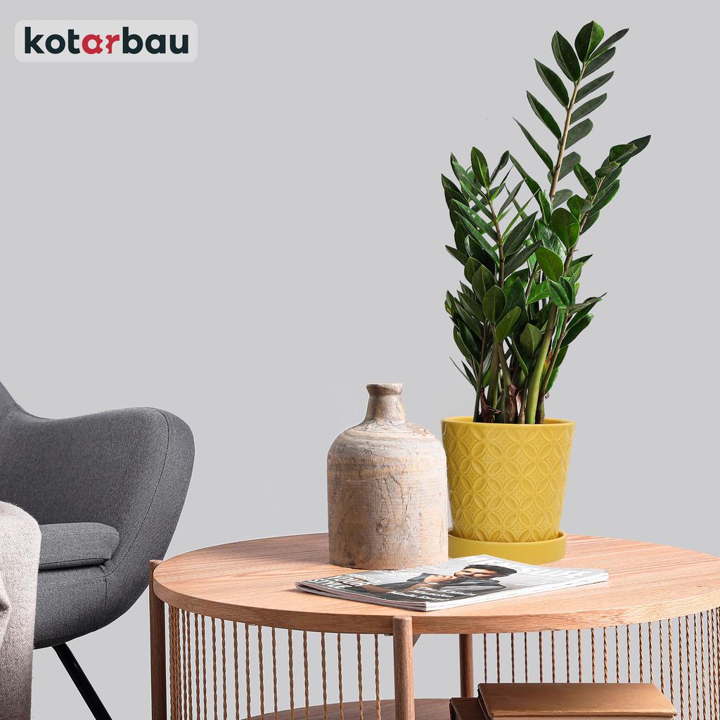 Kotarbau® 2 Pcs. Round Mustard Flower Pot 13 Cm. Flower Pot With Saucer. Glazed Ceramics. Flower And Herb Pot. Plant Cover.