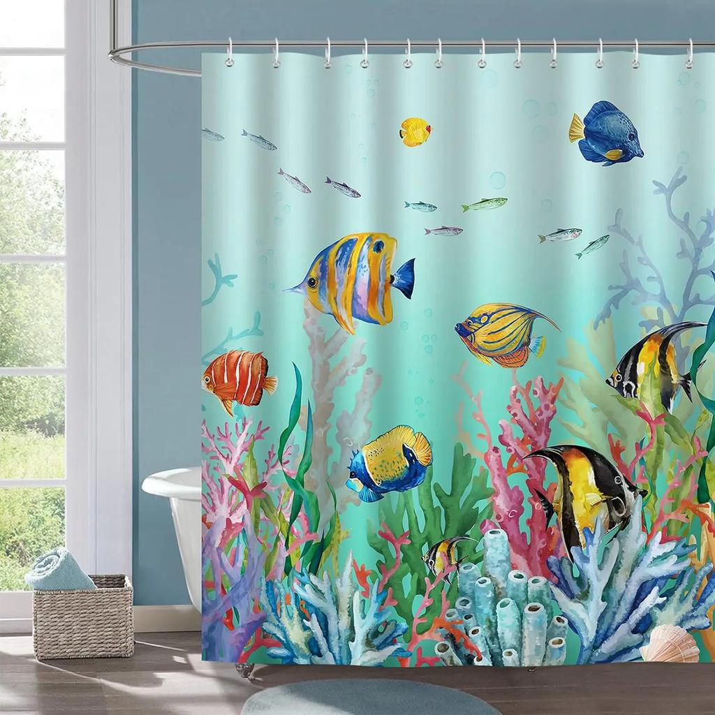 Ocean Shower Curtain for Kids Under The Sea Dolphin Fish Blue Decorative Bath Curtain Polyester Fabric Washable Bathroom Curtain