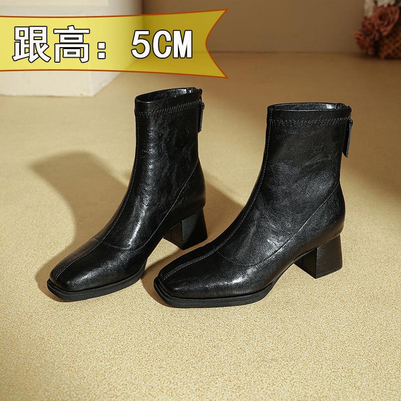 Women's Winter Boots Medium Boots 2025 New High Heel Short Boots Women's Brown Martin Boots Square Head Skinny Boots Thick Heel
