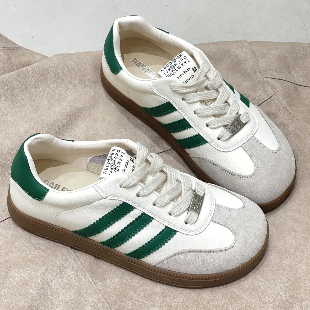 Spring  New Korean Style Flat Casual White Shoes Color Matching German Training Three Bars Genuine Leather German Training Female White
