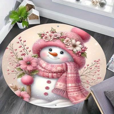 1Pcs Christmas Pink Snowman & Pattern Round Area Rug Indoor Non-Slip Washable Fiber Carpet Soft Comfortable Mat For Bedroom Living Room