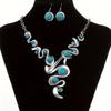 Women's Vintage Bohemian Ethnic Greenstone Asymmetrical Pendant Necklace Earrings Set Wedding Party Jewelry Gift Accessories