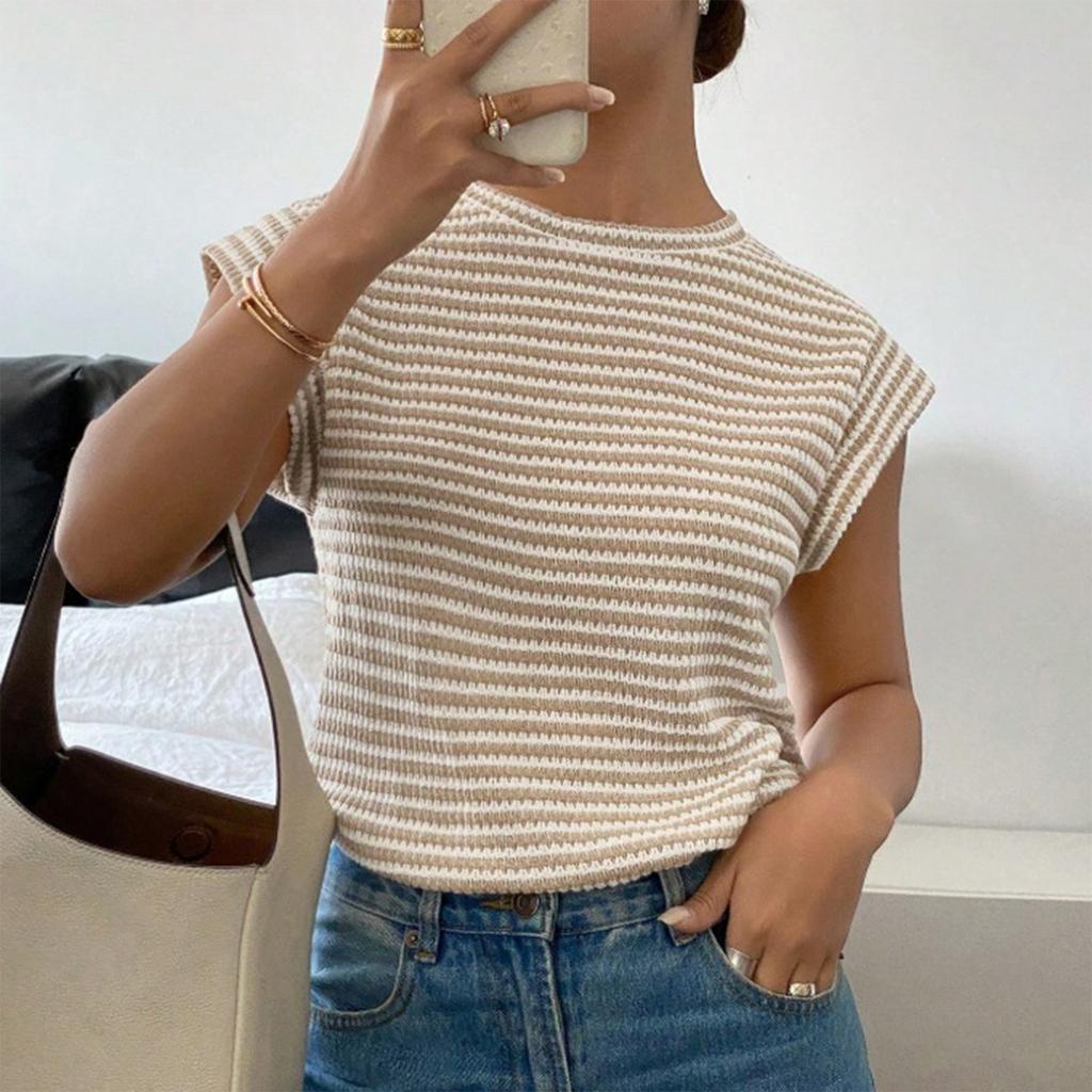 Women's Fashion Striped Round Neck Knitted Short Sleeved Pullover T-shirt Top