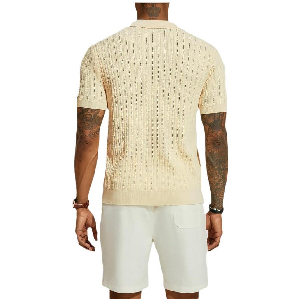 Men's Summer Cool Knit Short Sleeve Collared Shirt - Solid Color, Breathable, Hollow Out Design
