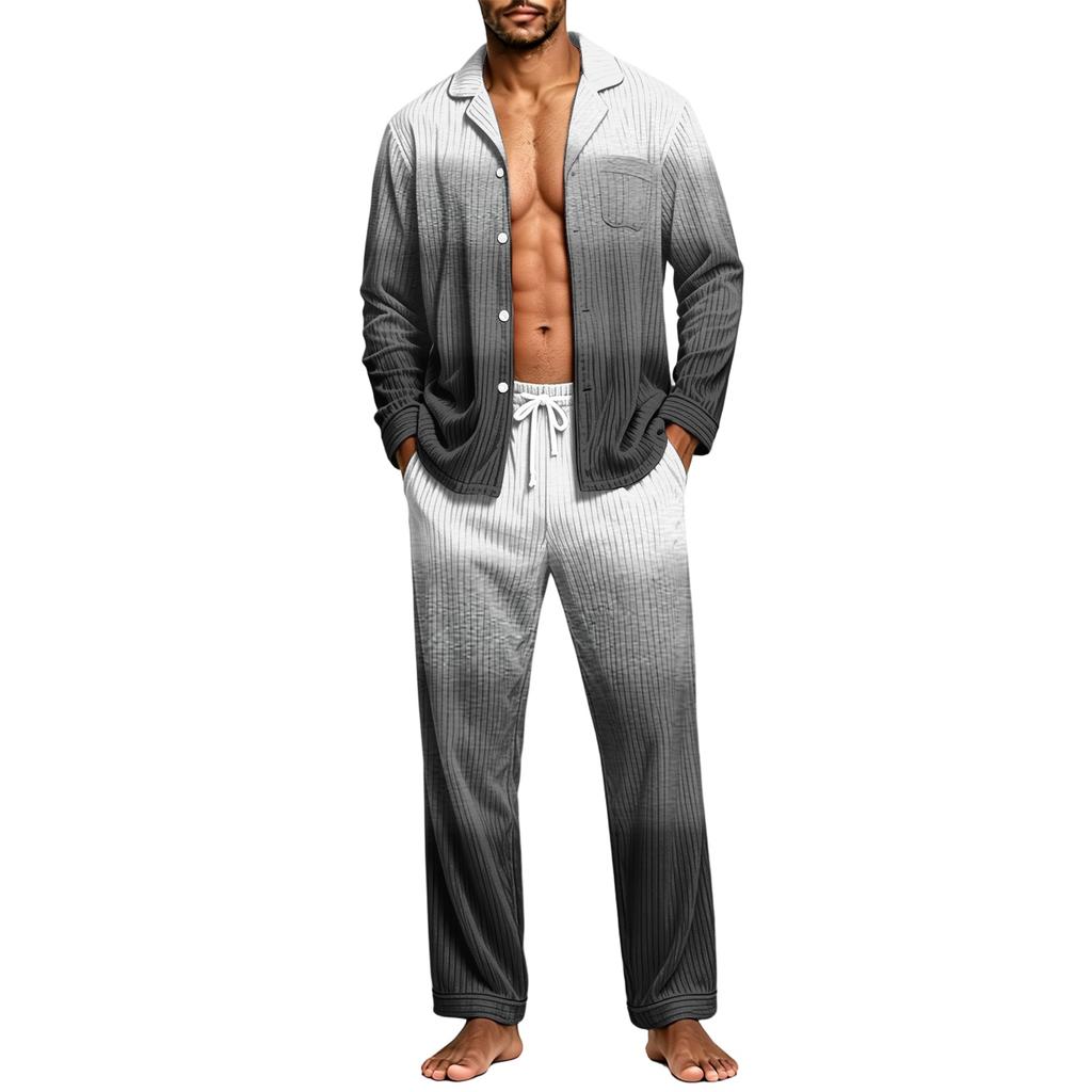 Men's Casual Pajama Set with Loose Fit Corduroy Pants and Printed Long Sleeve Lapel Collar Button-Front Top