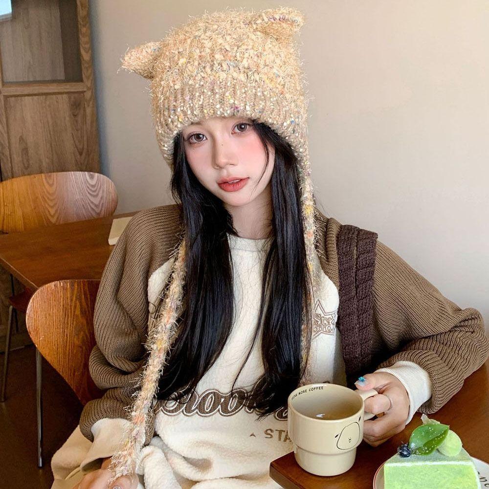 Multicolor Knitting Beanie Windproof Knitted Hat High Quality Long Loose Hat Headdress  Woman