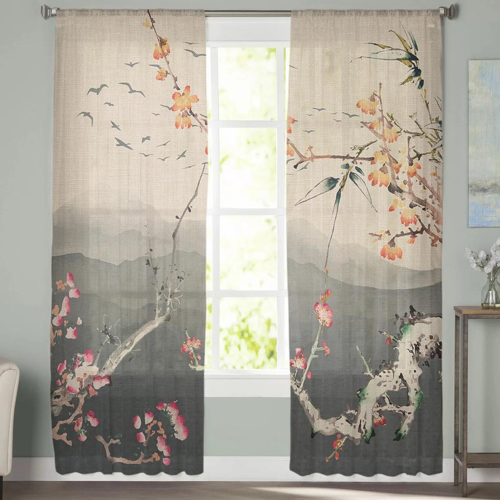 Chinese Painting Plum Blossom Landscape Sheer Curtains for Living Room Bedroom Kids Room Tulle Window Treatment Drapes