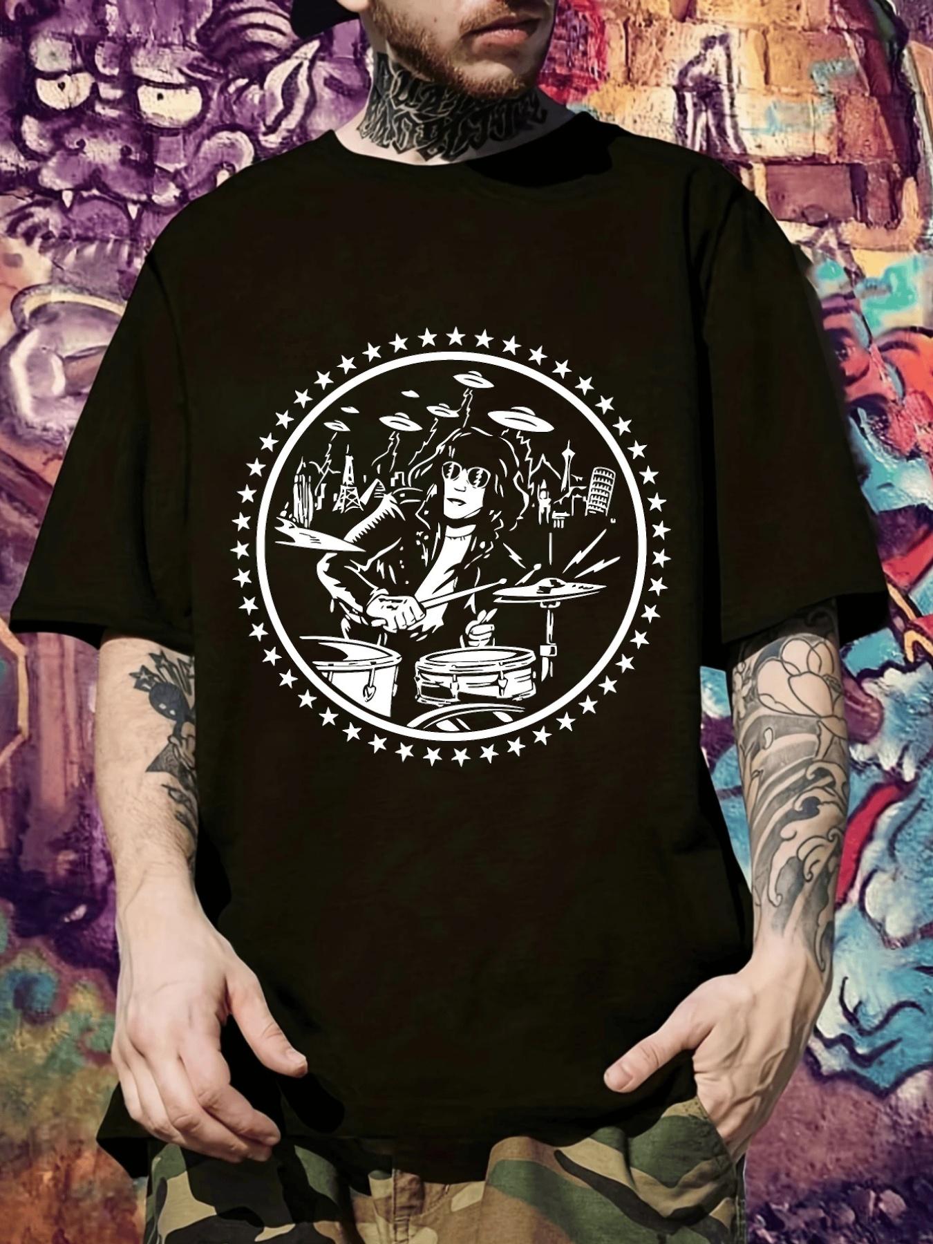 

Drummer Graphic T-shirt - Black Music Festival Tee with Drummer Stage Performance Print XXL