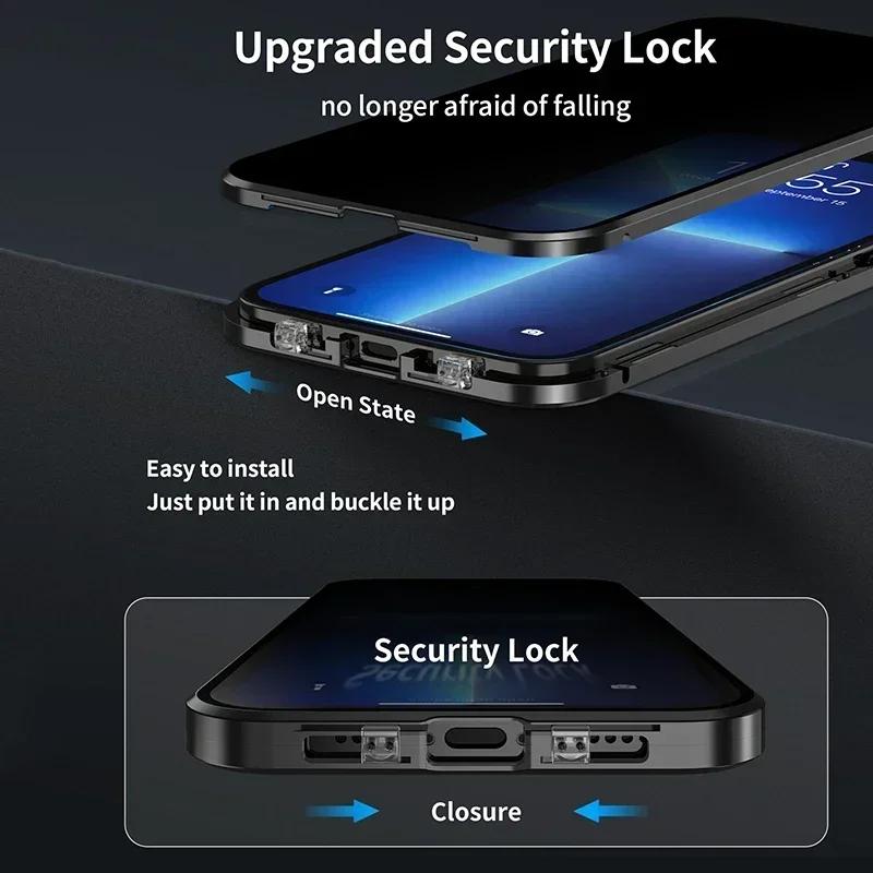 360° Volledige Bescherming Metalen Magnetisch Dubbelzijdig Glas Kliksluiting Privacy Hoesje Voor iPhone 17 16 15 14 13 12 Pro Max Plus 17E 16E
